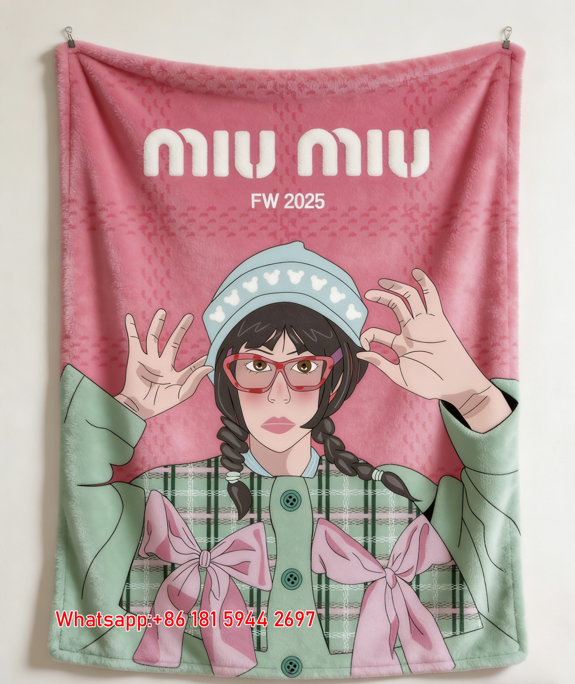 MiuMiu Pink & Green Cartoon Girl Print Flannel Sofa Throw Blanket IMG_0509